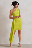 Charlie Lime Green One Shoulder Ruched Mini Dress With Statement Drape