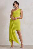 Charlie Lime Green One Shoulder Ruched Mini Dress With Statement Drape