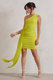 Charlie Lime Green One Shoulder Ruched Mini Dress With Statement Drape