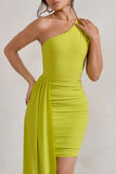 Charlie Lime Green One Shoulder Ruched Mini Dress With Statement Drape