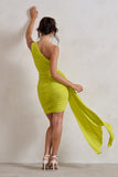 Charlie Lime Green One Shoulder Ruched Mini Dress With Statement Drape