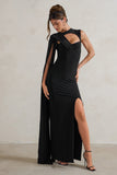 Emmey Black Asymmetric Cut Out Maxi Dress With Statement Cape