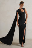 Emmey Black Asymmetric Cut Out Maxi Dress With Statement Cape