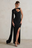 Emmey Black Asymmetric Cut Out Maxi Dress With Statement Cape