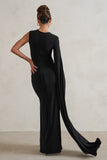 Emmey Black Asymmetric Cut Out Maxi Dress With Statement Cape