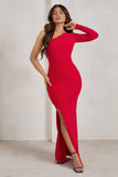 Doll Red Asymmetric One Sleeve Ruched Maxi Dress