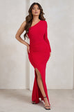 Doll Red Asymmetric One Sleeve Ruched Maxi Dress