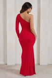 Doll Red Asymmetric One Sleeve Ruched Maxi Dress