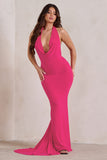 Saffina Hot Pink Cowl Neck Low Back Maxi Dress