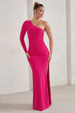 Melanie Hot Pink One Shoulder Split Maxi Dress