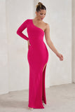 Melanie Hot Pink One Shoulder Split Maxi Dress