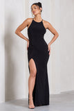 Stellar Black Halter-Neck Twisted Split Maxi Dress