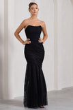 Encapsulate Black Lace Ruched Strapless Fishtail Maxi Dress