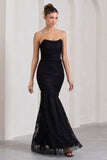 Encapsulate Black Lace Ruched Strapless Fishtail Maxi Dress