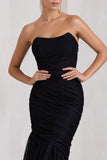 Encapsulate Black Lace Ruched Strapless Fishtail Maxi Dress