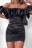 Black Satin Ruffle Sleeve Bardot Mini Dress